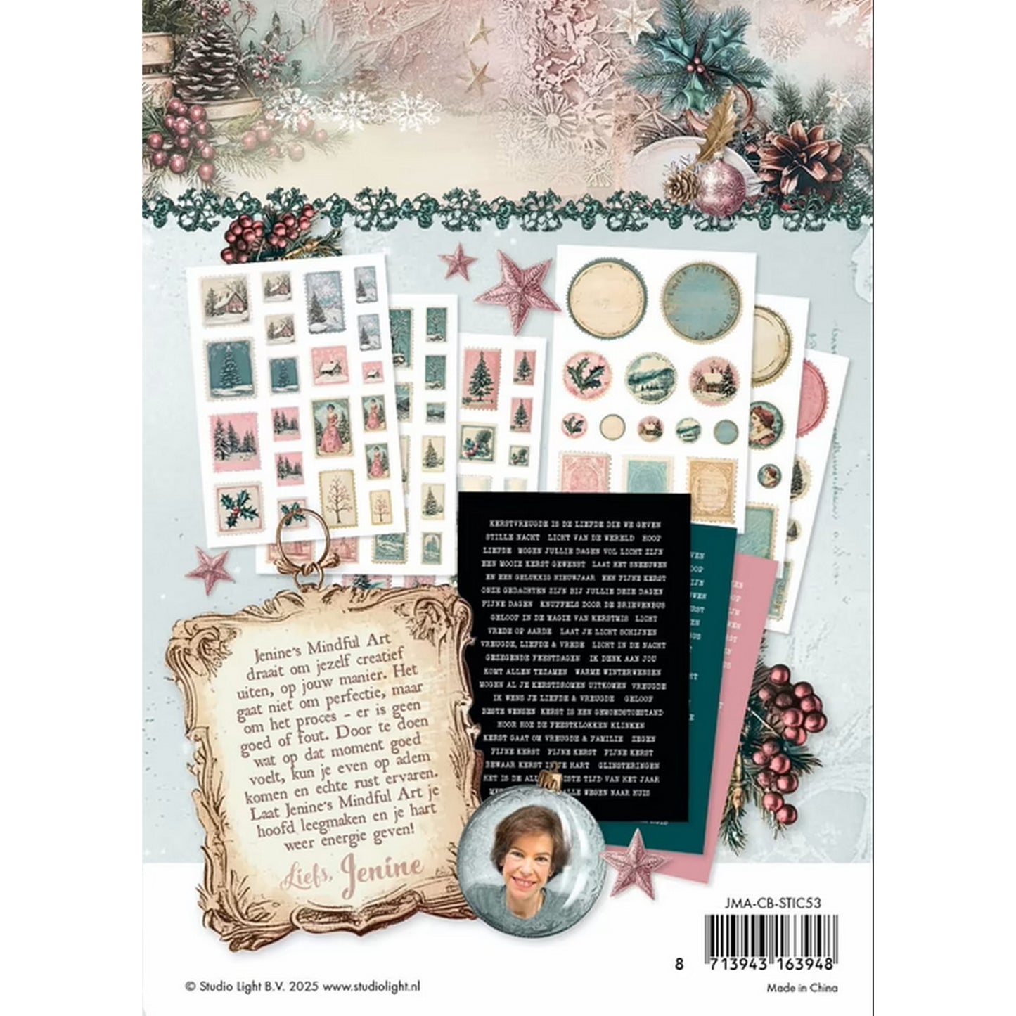 Studio Light • Jenine's Mindful Art Feuilles d'autocollants Blush de Noël, textes de timbres