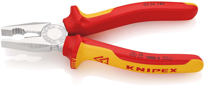 Pince universelle Knipex isolée | poignées multi-composants | VDE testé | chromé | longueur 180 mm | Carte libre-service blister - 03 06 180 sb