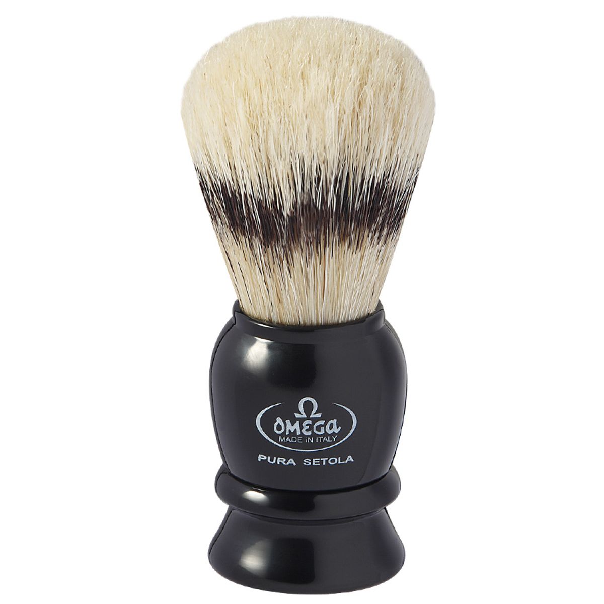 Blaireau Omega en poils de porc effet poils de blaireau manche noir 9,5 cm