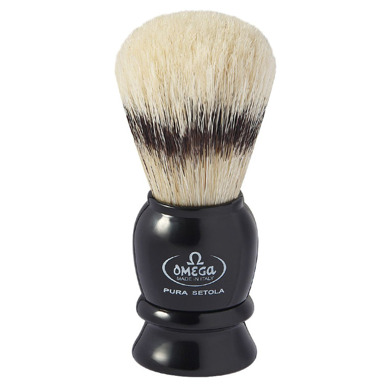Blaireau Omega en poils de porc effet poils de blaireau manche noir 9,5 cm