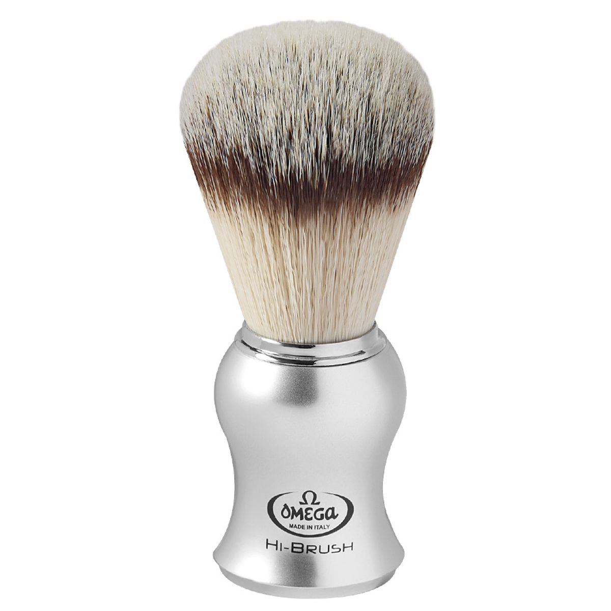 Blaireau Omega hi-brush cheveux synthétiques effet poils de blaireau manche argenté 10,5cm