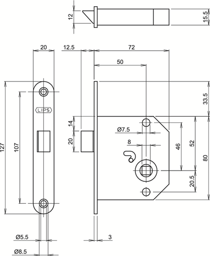 Lips 2084 1 serrure à barillet | dm50mm | plaque frontale en acier peint 20x127mm arrondie | Dr 1+3 2+4 - 7225013