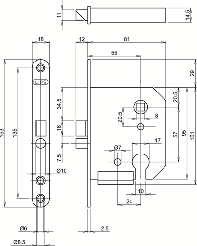 Serrure de porte Lips 2135 | dm55mm | pc57mm | plaque frontale laiton 18x153mm arrondie | gâche spt2131s | Dr 1+3 2+4 - a000325617