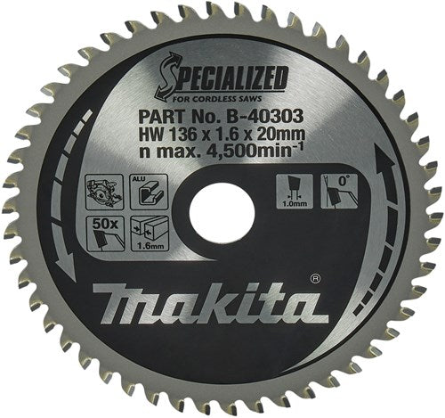 Accessoires Makita lame de scie circulaire | aluminium | 136x20x1.6 50t 0g - b-40303