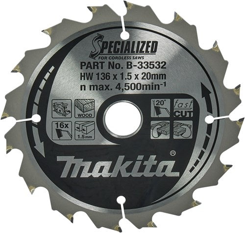 Accessoires Makita lame de scie circulaire | bois | 136x20x1,5 16t 20g - b-33532