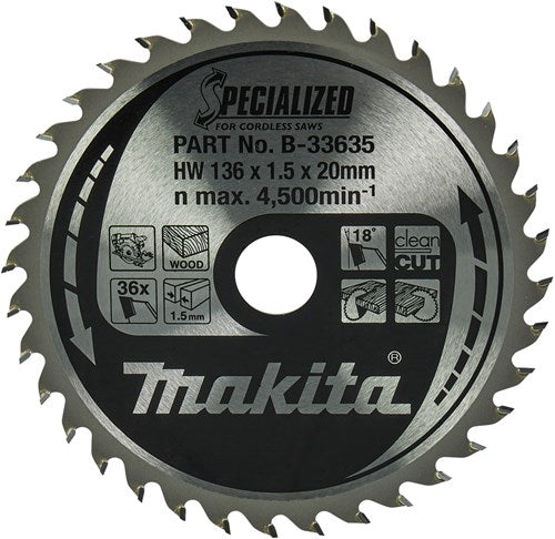 Accessoires Makita lame de scie circulaire | bois | 136x20x1,5 36t 18g - b-33635