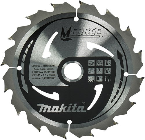 Accessoires Makita lame de scie circulaire | bois | mforce | 165x20x2.0 16t15g - b-31930