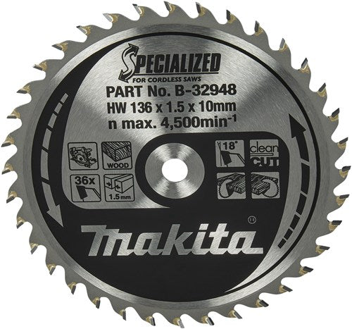 Makita accessoires lame de scie circulaire bois spécialisé 136x10x1,5 36t 18g - b-32948