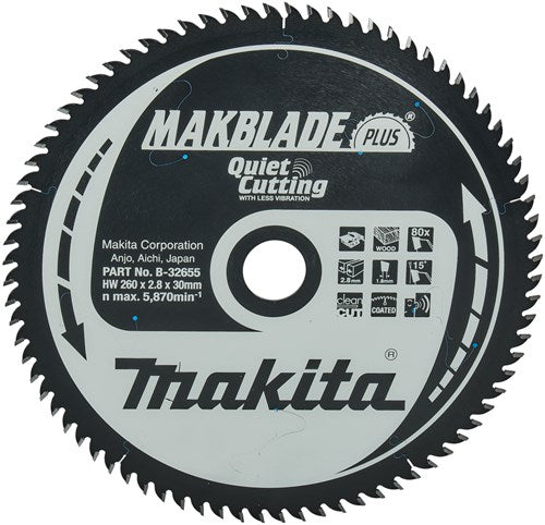 Makita accessoires table scie lame bois - makblade-plus 260x30x2.8 80t 15g - b-32655