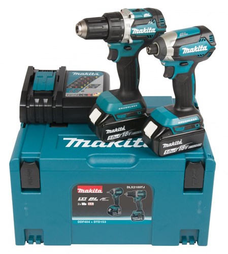 Makita DLX2189TJ Ensemble combiné perceuse sans fil 18 V 5,0 Ah DDF484 et visseuse à percussion DTD153