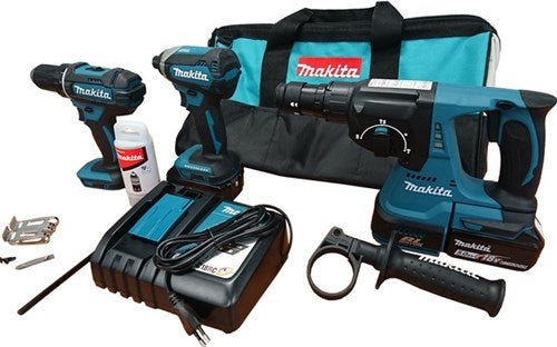 Ensemble combiné Makita DLX3089T - Perceuse à percussion DHP482 + Tournevis à percussion DTD153 + Perceuse à percussion MR243 Batterie 18V 5,0 Ah (2 pièces) dans un sachet