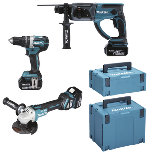 Makita DLX3093TJ 18V LXT Coffret 3 pièces : meuleuse d'angle DGA513 + perceuse (à percussion) DHP484 + marteau perforateur MR202 avec 3 batteries 5,0 Ah - DLX3093TJ