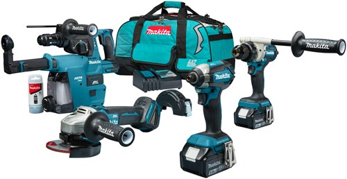 Makita dlx4194tx1 ensemble combiné - perceuse/tournevis sans fil ddf492 + tournevis à percussion dtd153 18v + meuleuse d'angle dga504 18v + marteau combiné hebr243 18v | y compris 2x batterie 5,0 Ah et chargeur