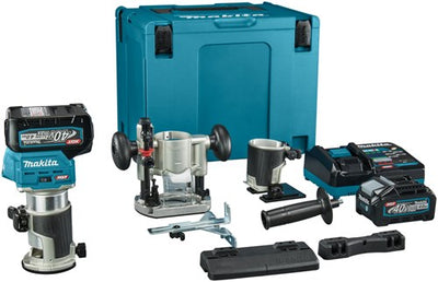 Makita rt001gm206 fraise supérieure et latérale | 40 V maximum | Batterie 2 x 4,0 Ah + chargeur rapide | y compris divers pieds + adaptateur de rail de guidage | dans mbox-rt001gm206