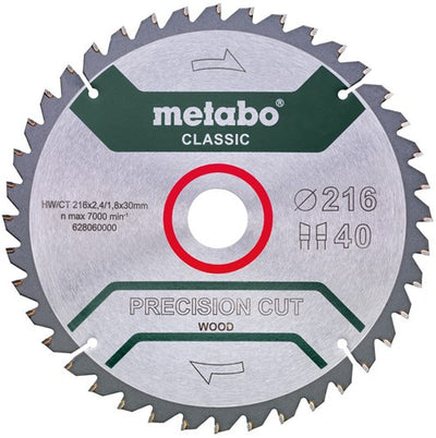 Metabo lame de scie circulaire coupe de précision hw ct ø 216 mm, 40 wz 5° - 628060000