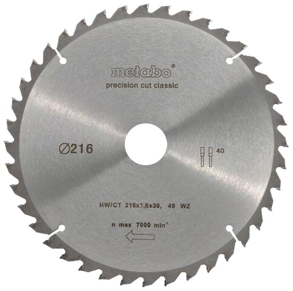 Metabo lame de scie circulaire coupe de précision hw ct ø 216 mm, 40t wz 5° - 628065000