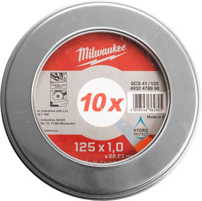 Milwaukee cut.w pro+ scs 41 125 x 1,0 mm boîte métallique - 10 pcs disque à tronçonner metal pro+ scs41 125 x 1 mm mince 10 pièces dans une boîte métallique - 4932478998