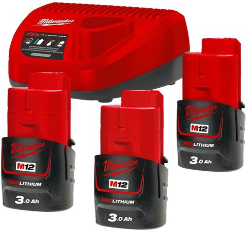 Milwaukee m12 nrg-303 | Jeu de batteries m12 12v (batterie 3x 3,0ah + chargeur c12 c) - 4933459207