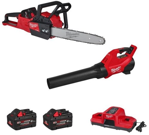 Ensemble combiné de batteries Milwaukee m18 fpp2opl13-802 | 1x tronçonneuse à batterie m18fchs-0 + 1x souffleur à feuilles à batterie m18 fblg3-0 | y compris 2 x batteries m18 fb8 et chargeur m18dbsc - 4933500228