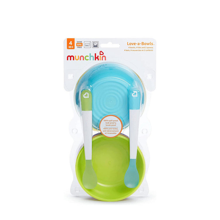 Munchkin set de vaisselle pour enfants love-a-bowls - set de vaisselle 10 pièces pour enfants - 4 bols, 2 cuillères et 4 couvercles - vaisselle pour enfants - à partir de 4 mois - passe au lave-vaisselle - passe au micro-ondes