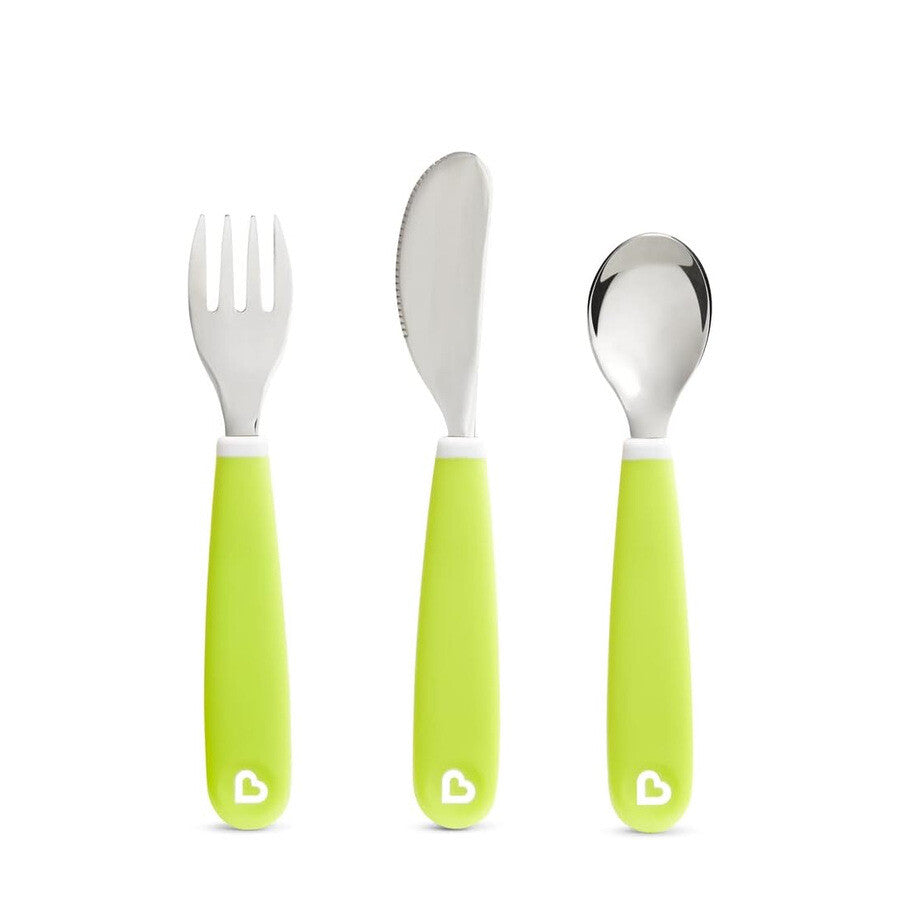 Munchkin couverts pour enfants - set de couverts pour tout-petits splash - fourchette, couteau et cuillère - lot de 3 - set de couverts pour enfants - couleur vert - à partir de 18 mois