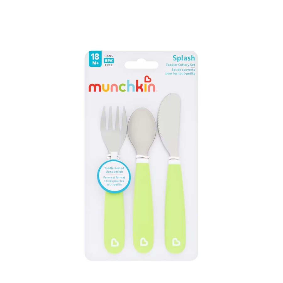 Munchkin couverts pour enfants - set de couverts pour tout-petits splash - fourchette, couteau et cuillère - lot de 3 - set de couverts pour enfants - couleur vert - à partir de 18 mois