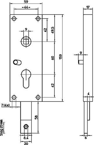 Serrure de garage Nemef 1802 b | pièce60mm | boîtier de serrure acier galvanisé 59x159mm | fond de tige | élastique | connexion m8 | fonction nuit | docteur 1+2+3+4 - 9180200020