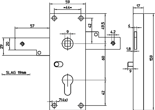 Nemef 1806 2 serrure de garage | pièce60mm | boîtier de serrure acier galvanisé 59x159mm | tiges horizontales | pas élastique | connexion m6 | fonction jour et nuit | docteur 1+2+3+4 - 9180602000
