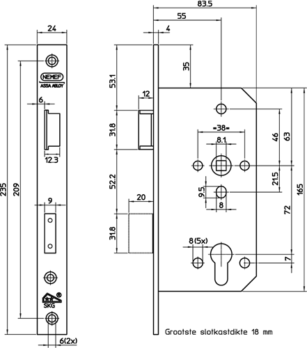 Nemef 4401 4402 serrure de porte de sécurité | skg** | dm60mm | pc72mm | trou de manivelle 8mm | plaque frontale en acier inoxydable 24x235mm arrondie | Loquet et pêne dormant en laiton | docteur 2+4 - 9440217602