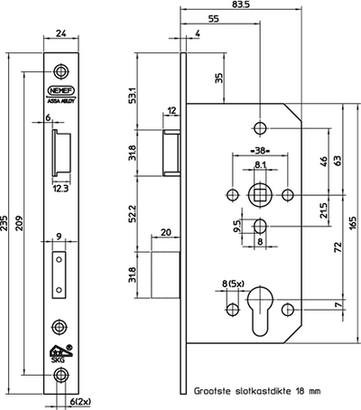 Nemef 4401 4402 serrure de porte de sécurité | skg** | dm60mm | pc72mm | trou de manivelle 8mm | plaque frontale en acier inoxydable 24x235mm arrondie | Loquet et pêne dormant en laiton | docteur 2+4 - 9440217602