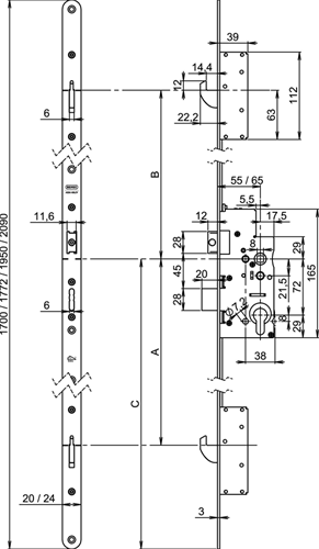 Serrure de sécurité multipoint Nemef 5060 | à manivelle | skg*** | dm55mm | pc72mm | plaque frontale en acier galvanisé 24x1700mm arrondie | Dr 1+3 2+4 - a000326383