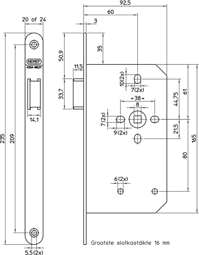 Serrure à barillet Nemef 635 | dm60mm | trou de manivelle 8mm | plaque frontale inox 20x235mm arrondie | loquet en laiton | docteur 2+4 - 9063517652