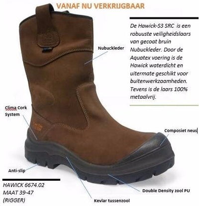Botte de travail sans risque hawick aqua-tex xw 1674.02 sans métal s3 | marron | taille 48 - 00.071.011.48