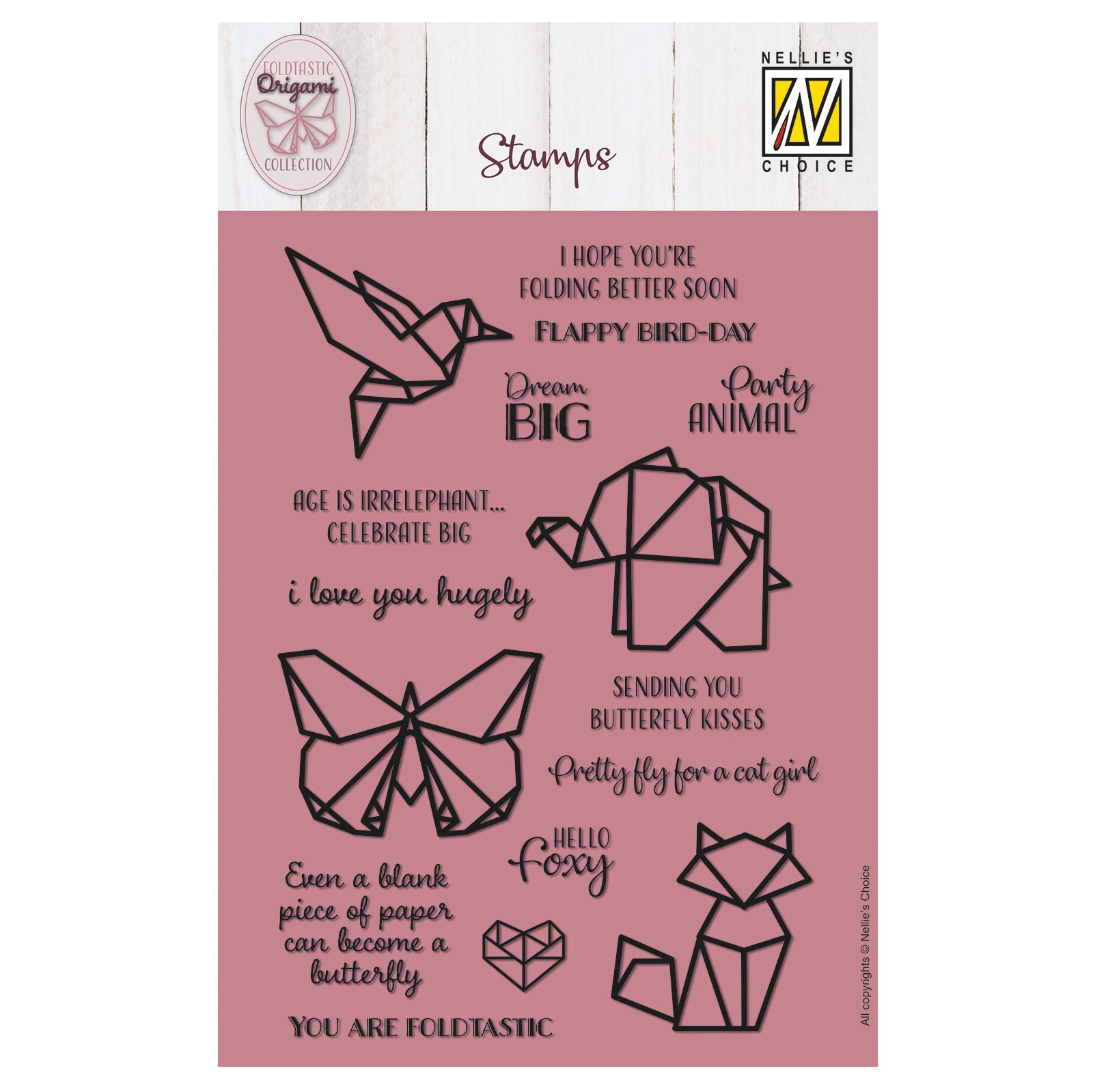 Le choix de Nellie • tampons transparents texte origami et animaux 14pcs.