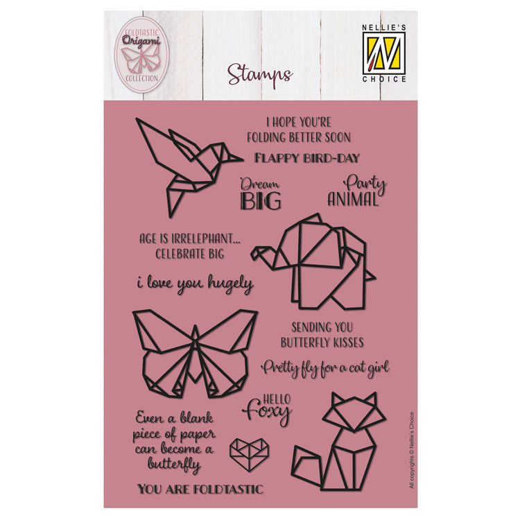Le choix de Nellie • tampons transparents texte origami et animaux 14pcs.