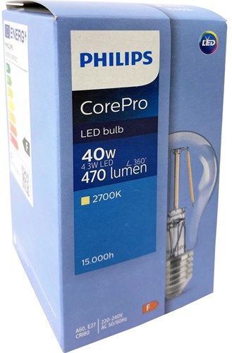 Philips LED GLS E27 4,3-40W 2700K filament clair - LED3775