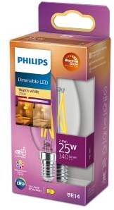 Philips Bougie LED E14 2,5-25W filament clair lumière chaude blister - 5100304