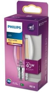 Philips Bougie LED E14 4,3-40W 2700K filament blister transparent - 5100306