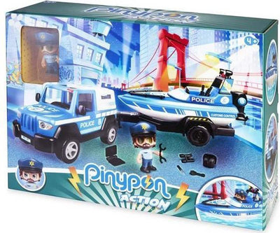 Voiture de police de Pinypon avec remorque et bateau, y compris la figure de jeu