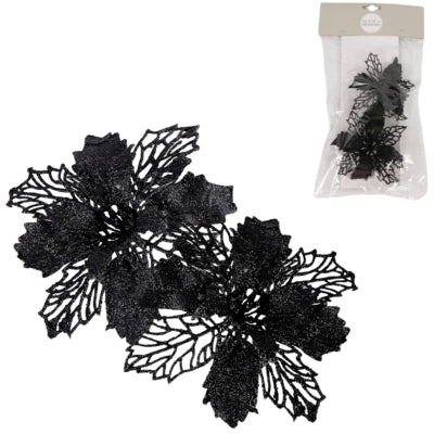 House of seasons fleur artificielle sur clip étoile de Noël pailletée noir 10 cm lot de 2 | 24 pièces