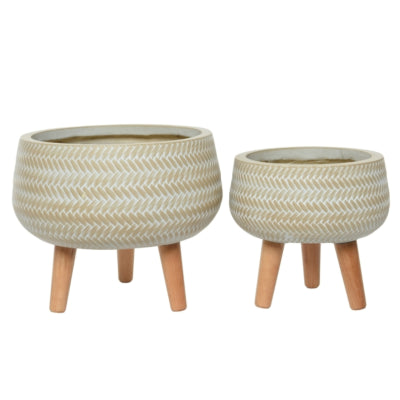 Decoris (r) pot de fleur sur pieds alex outdoor couleur sable 32 cm lot de 2 | 2 pièces