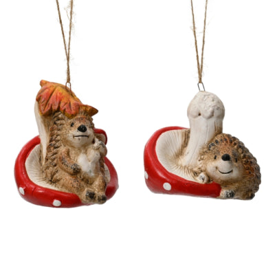 Pendentif hérisson sur champignon 10 cm 2 assortis | 18 pièces