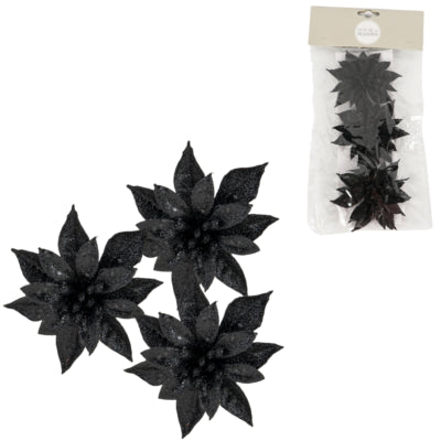 House of seasons fleur artificielle sur clip étoile de Noël pailletée noir 9 cm lot de 3 | 24 pièces