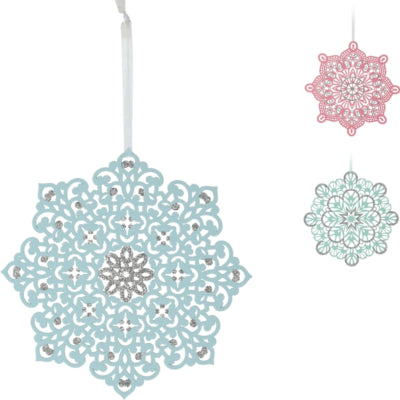 Pendentif de Noël flocon de neige bois pastel paillettes 22 cm 3 assortis | 24 pièces