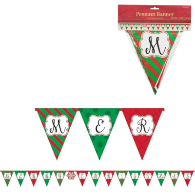 Ligne de drapeau joyeux Noël vert rouge 3,8 m | 12 pièces