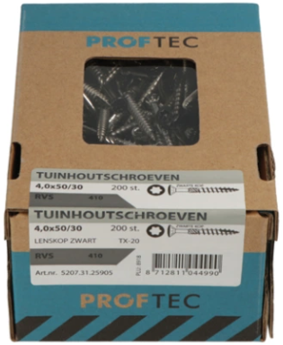 Vis à bois de jardin Proftec acier inoxydable-410 lk tête noire + pointe coupante torx tx20 ​​​​4,0x35 24 | 200 pièces - 5207.31.25405