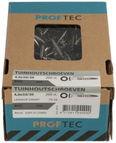 Vis à bois de jardin Proftec acier inoxydable-410 lk tête noire + pointe coupante torx tx20 ​​​​4.0x50 30 | 200 pièces - 5207.31.25905