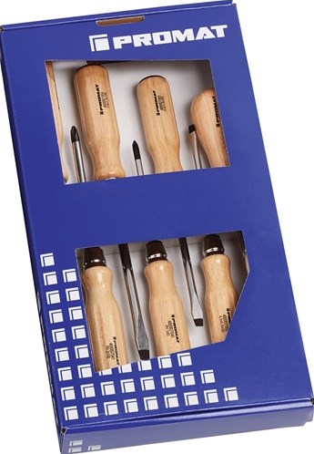 Jeu de tournevis Promat tecwerk | Poinçon ph à fente 7 pièces | manche en bois | lame ronde avec fixation 6 pans - 4000827119
