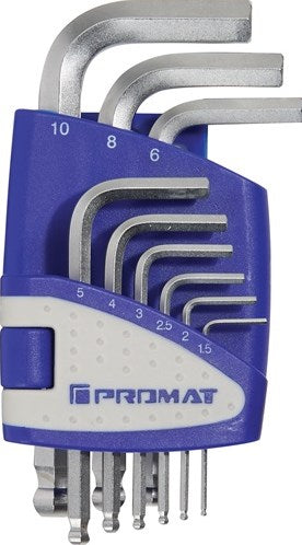 Jeu de tournevis hexagonaux coudés Promat tecwerk | Support en plastique 9 pièces | ouverture 1,5-10 mm | rotule courte acier s2 - 4000825123