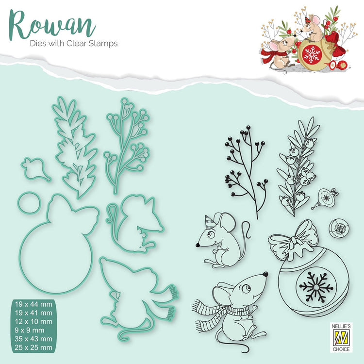 Le choix de Nellie • Matrice de découpe Rowan, tampon transparent, souris avec boule de Noël, 14 pièces.